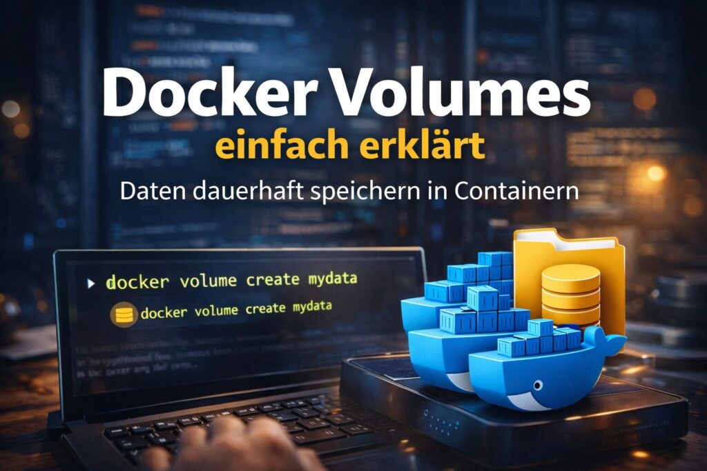 Docker Volumes für persistente Datenspeicherung im Container – Beispielvolume im Terminal und Grafiken zu dauerhaftem Daten-Mount