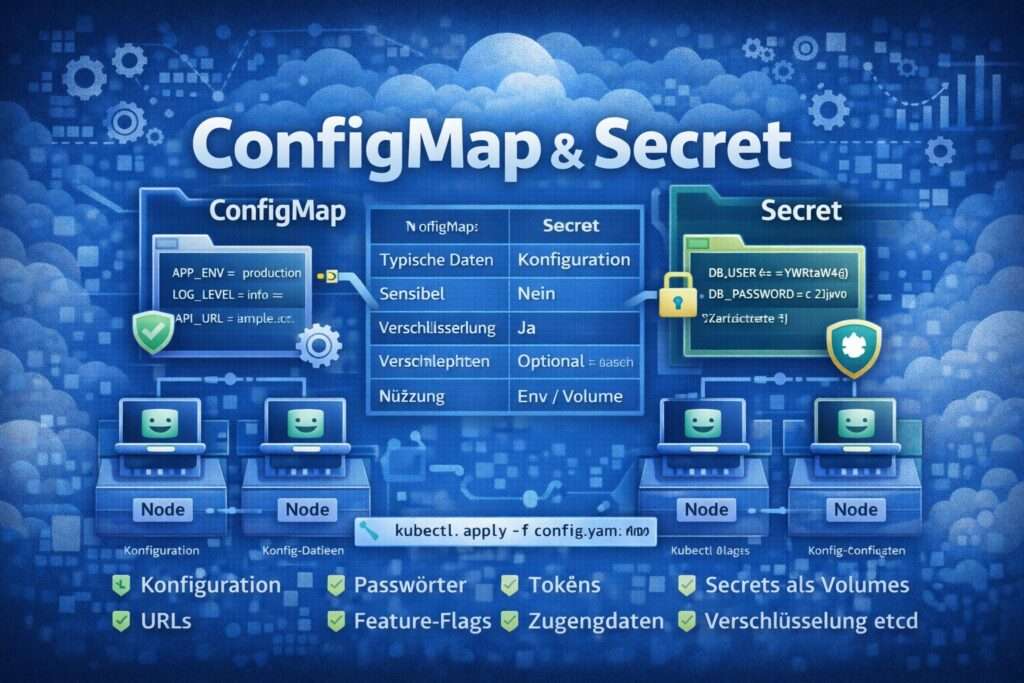 Illustration von Kubernetes ConfigMap und Secret mit Konfigurationsdaten, Passwörtern, Tokens und sicherer Einbindung in Pods