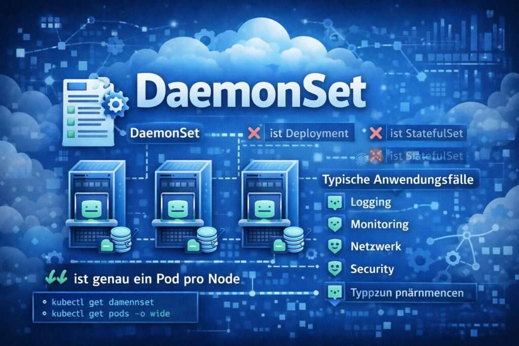 Illustration eines Kubernetes DaemonSets mit genau einem Pod pro Node für Logging, Monitoring, Netzwerk und Security