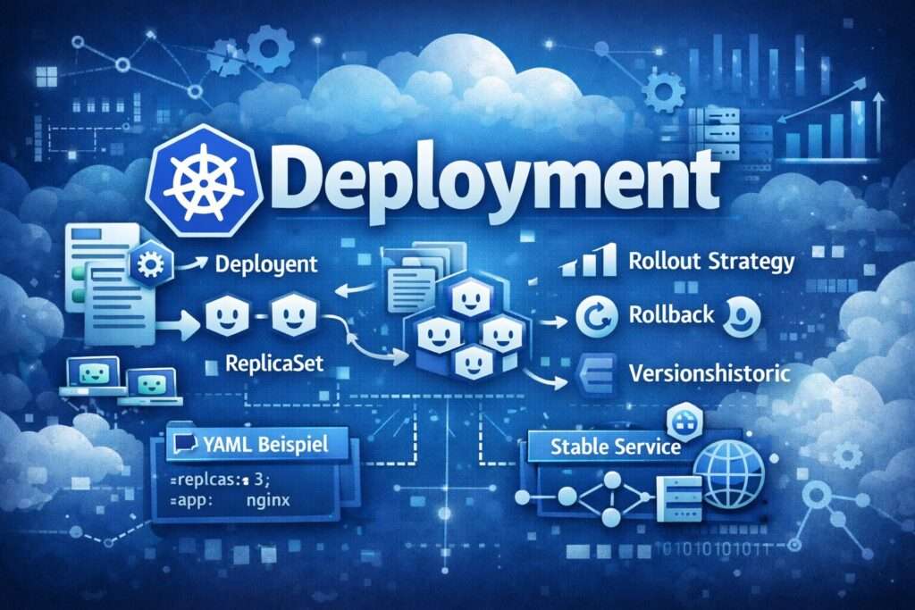 Illustration eines Kubernetes Deployments mit ReplicaSets, Pods, Rolling Updates, Rollback und Skalierung