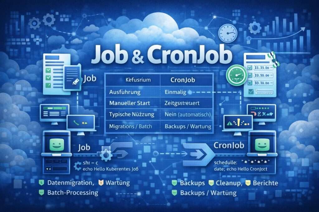 Illustration eines Kubernetes Services mit stabiler IP und DNS, Load Balancing sowie Service Discovery für mehrere Pods