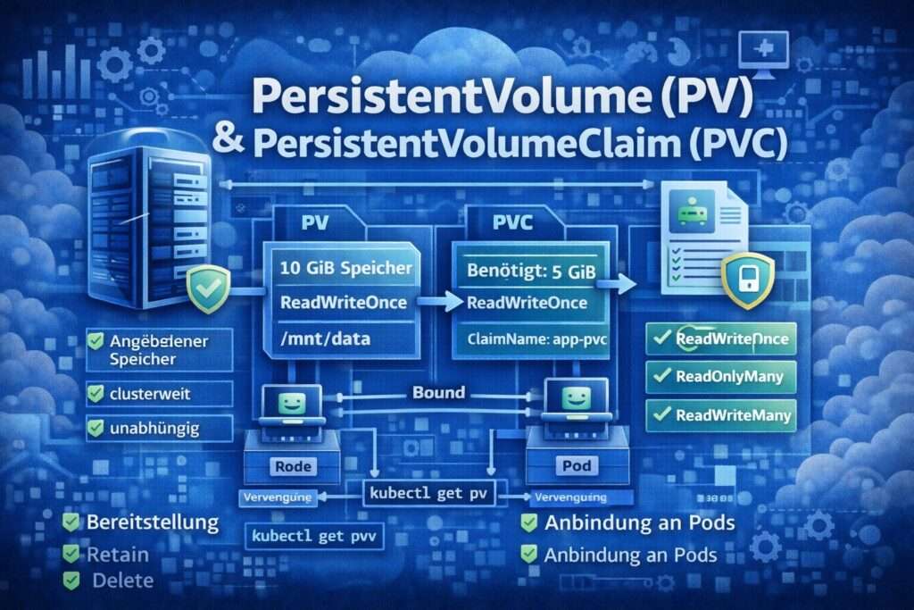 Illustration von Kubernetes PersistentVolume und PersistentVolumeClaim mit PV-PVC-Bindung, Speicheranforderung und Nutzung durch Pods