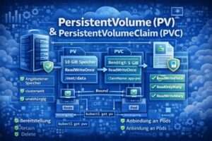 Illustration von Kubernetes PersistentVolume und PersistentVolumeClaim mit PV-PVC-Bindung, Speicheranforderung und Nutzung durch Pods