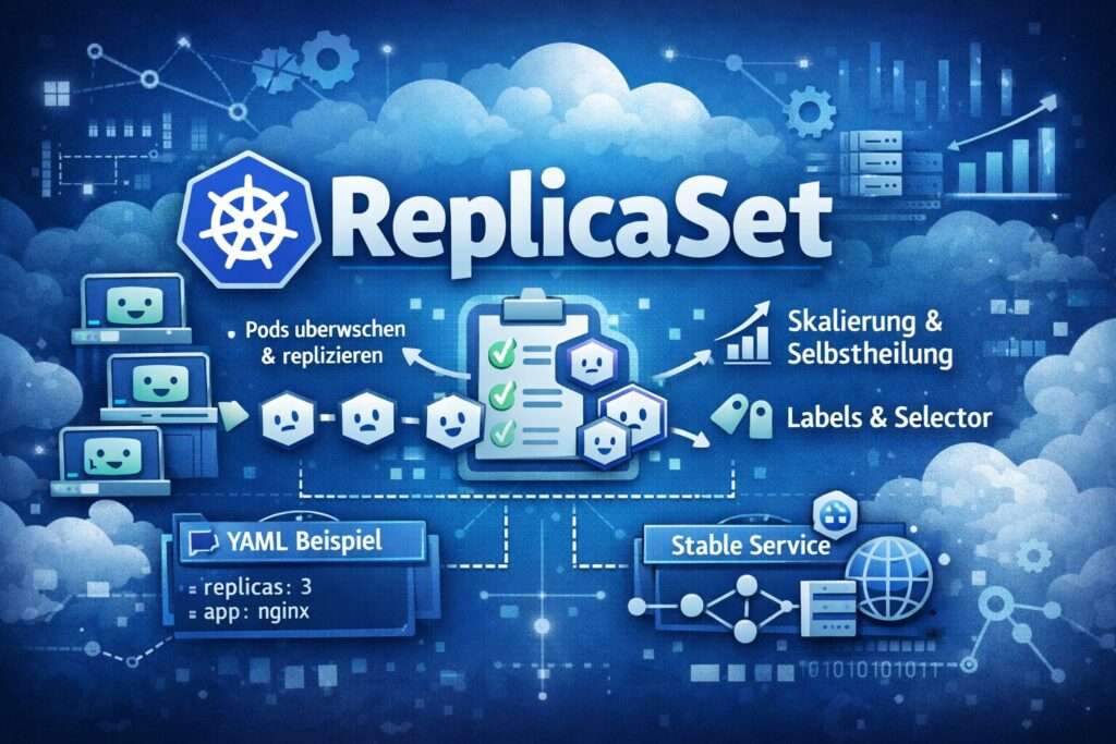Illustration eines Kubernetes ReplicaSets mit mehreren Pods, automatischer Skalierung, Selbstheilung und Label-Selector-Prinzip