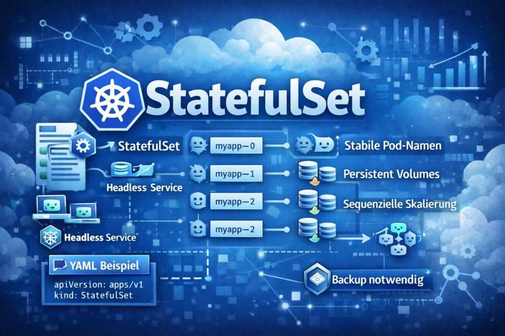 Illustration eines Kubernetes StatefulSets mit stabilen Pod-Namen, Persistent Volumes, Headless Service und sequenzieller Skalierung